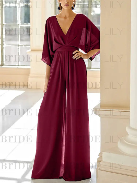 Burgundy chiffon mother of the bride jumpsuit with pockets and kimono sleeves