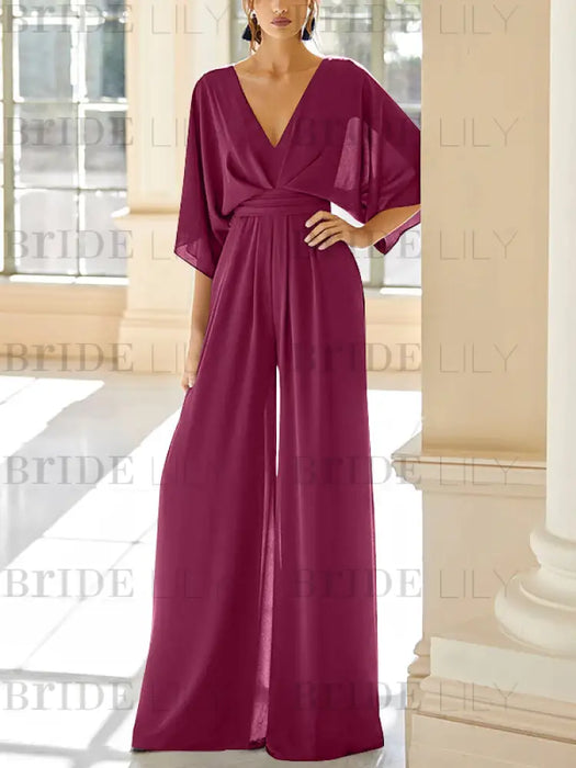 Burgundy chiffon mother of the bride jumpsuit with pockets and kimono sleeves