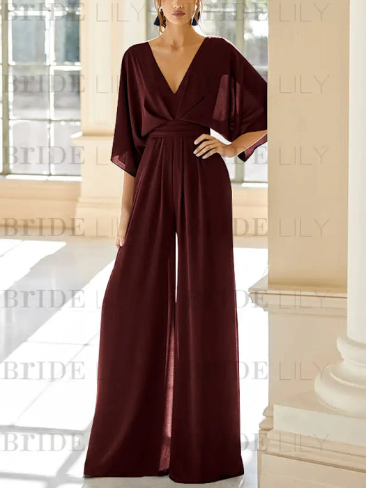 Cabernet chiffon mother of the bride jumpsuit with pockets and kimono sleeves
