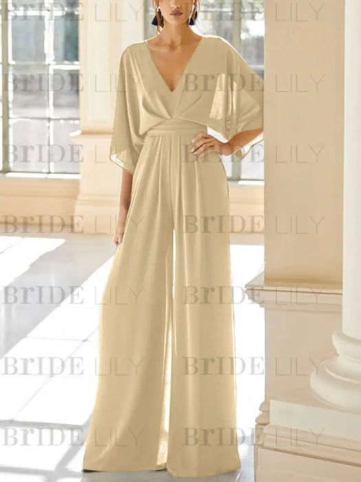 Champagne chiffon mother of the bride jumpsuit with pockets and kimono sleeves