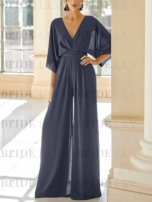 Charcoal Grey chiffon mother of the bride jumpsuit with pockets and kimono sleeves