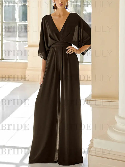 Chocolate chiffon mother of the bride jumpsuit with pockets and kimono sleeves