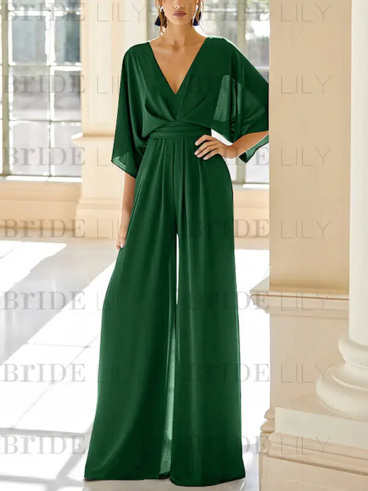 Dark Green chiffon mother of the bride jumpsuit with pockets and kimono sleeves