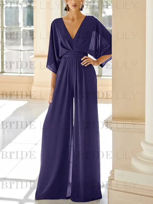 Dark Purple chiffon mother of the bride jumpsuit with pockets and kimono sleeves