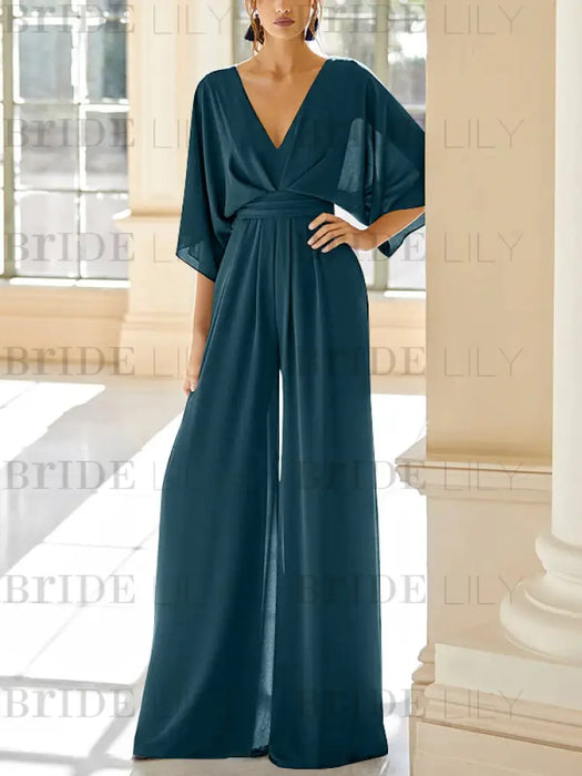 Chiffon jumpsuit with kimono sleeves and pockets in deep teal