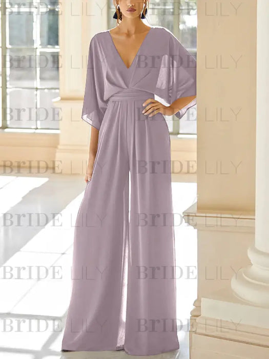 Chiffon jumpsuit with kimono sleeves and pockets in dusty lilac