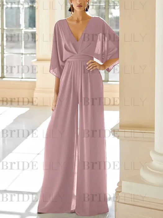 Dusty Rose chiffon mother of the bride jumpsuit with pockets and kimono sleeves