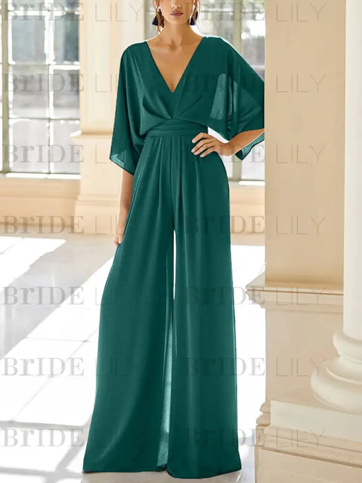 Emerald Green chiffon mother of the bride jumpsuit with pockets and kimono sleeves