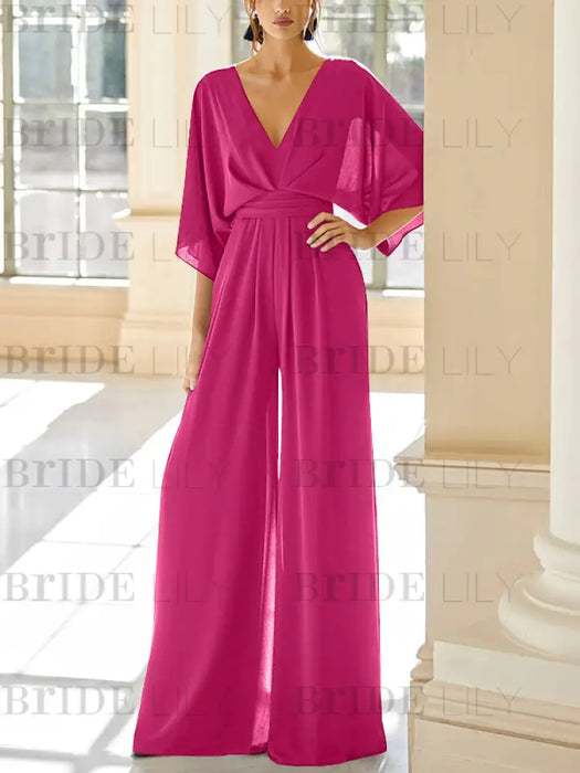 Fuchsia chiffon mother of the bride jumpsuit with pockets and kimono sleeves