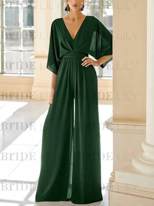 Green Black chiffon mother of the bride jumpsuit with pockets and kimono sleeves