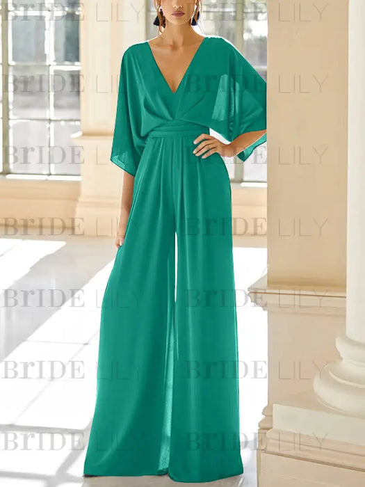 Jade chiffon mother of the bride jumpsuit with pockets and kimono sleeves