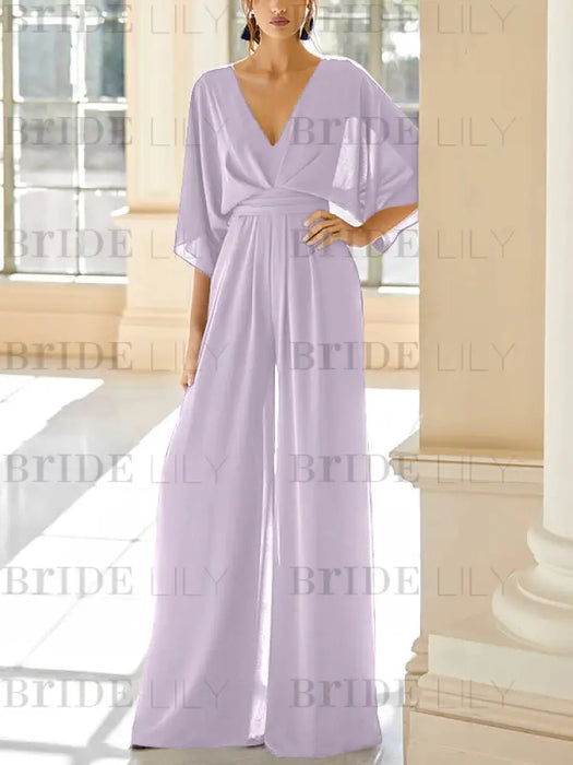 Lilac chiffon mother of the bride jumpsuit with pockets and kimono sleeves