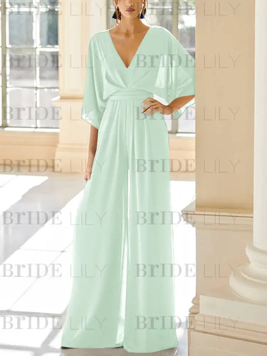 Mint Green chiffon mother of the bride jumpsuit with pockets and kimono sleeves