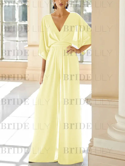 Chiffon jumpsuit with kimono sleeves and pockets in pale yellow