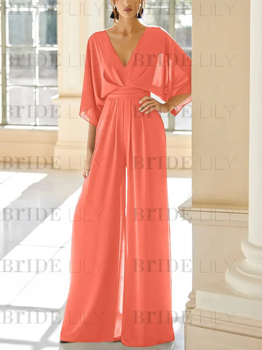 Papaya chiffon mother of the bride jumpsuit with pockets and kimono sleeves
