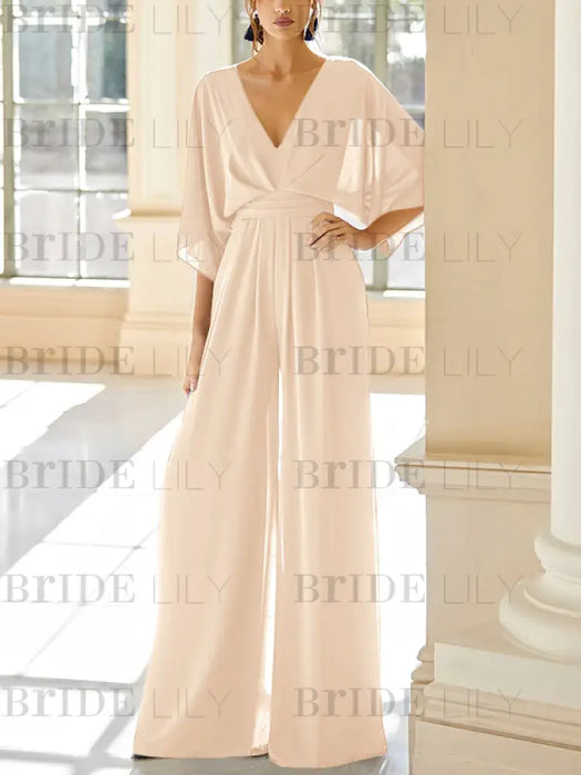 Peach chiffon mother of the bride jumpsuit with pockets and kimono sleeves