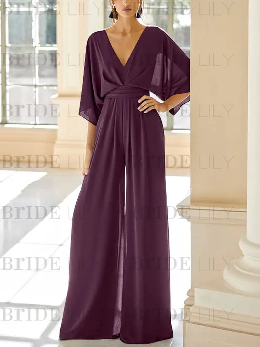 Chiffon jumpsuit with kimono sleeves and pockets in plum
