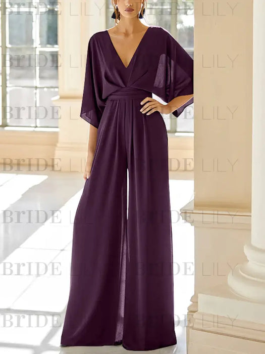 Plum chiffon mother of the bride jumpsuit with pockets and kimono sleeves