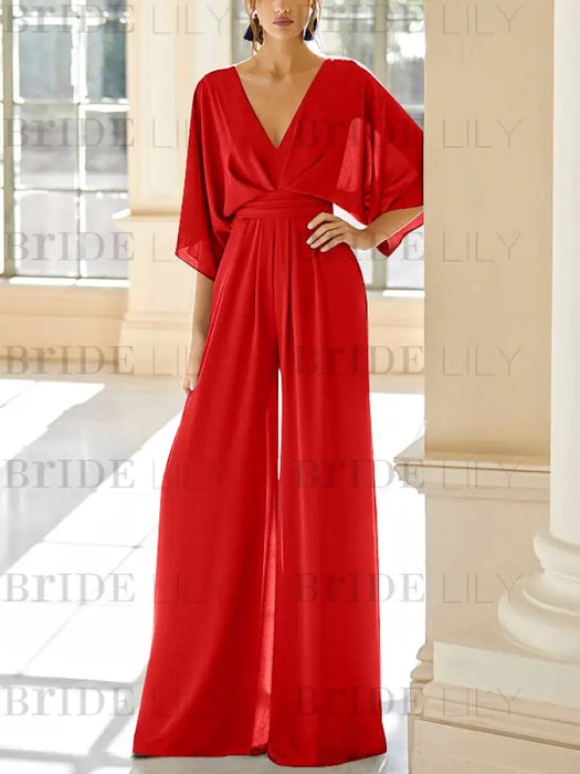 Red chiffon mother of the bride jumpsuit with pockets and kimono sleeves