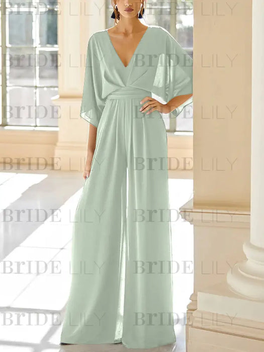 Sage Green chiffon mother of the bride jumpsuit with pockets and kimono sleeves