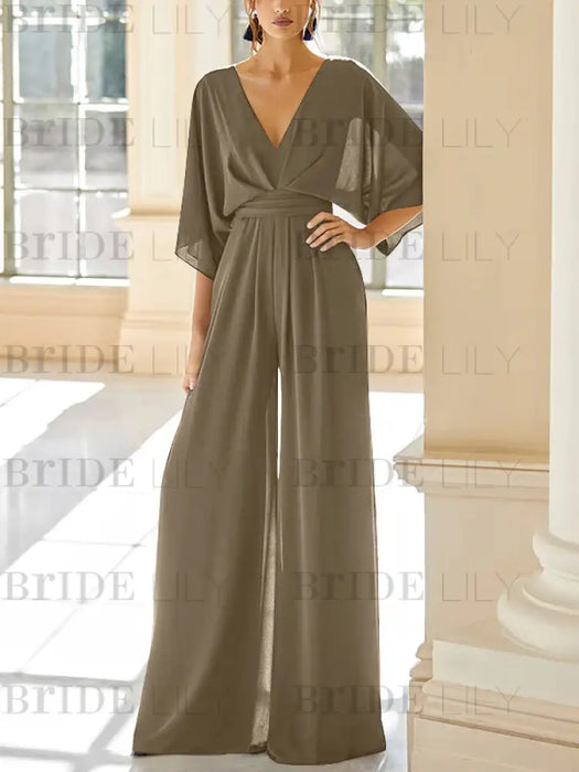 Taupe chiffon mother of the bride jumpsuit with pockets and kimono sleeves