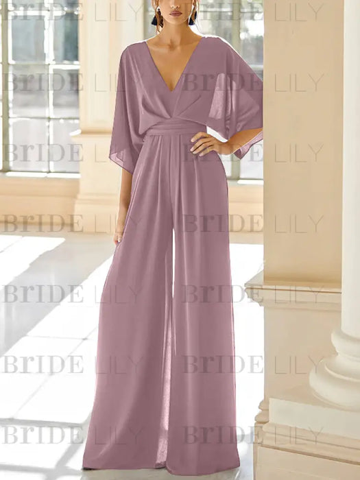Wisteria chiffon mother of the bride jumpsuit with pockets and kimono sleeves
