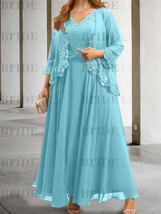 Chiffon A-line dress with a sequin lace trimmed jacket in aqua blue