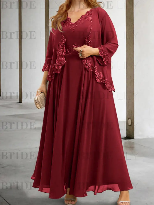 Chiffon A-line dress with a sequin lace trimmed jacket in burgundy