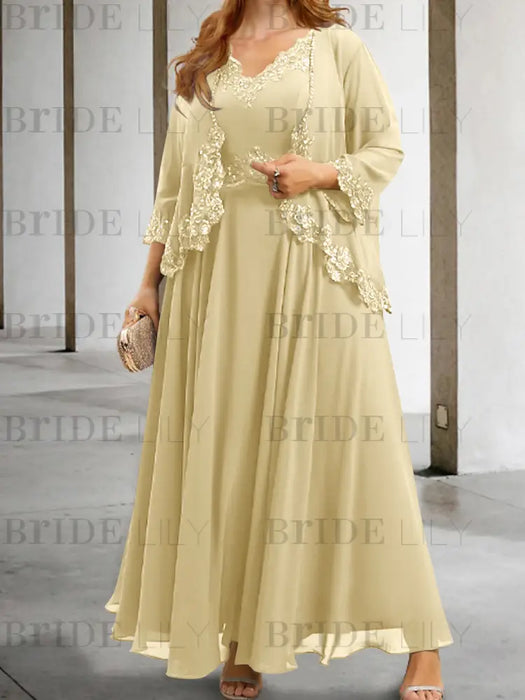 Champagne sequin lace trim mother of the bride chiffon dress with jacket