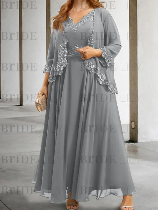 Charcoal Gray sequin lace trim mother of the bride chiffon dress with jacket