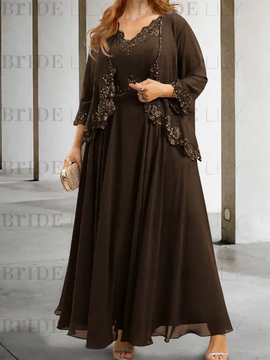 Chocolate sequin lace trim mother of the bride chiffon dress with jacket