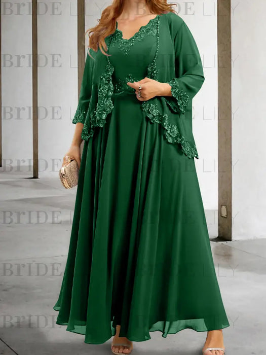 Dark Green sequin lace trim mother of the bride chiffon dress with jacket