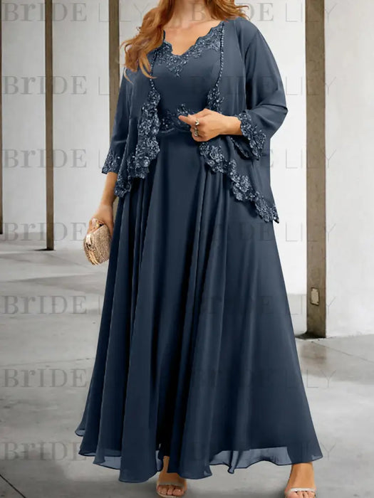Dark Navy sequin lace trim mother of the bride chiffon dress with jacket