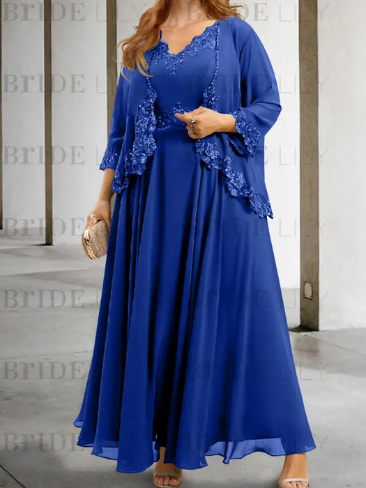 Dark Royal Blue sequin lace trim mother of the bride chiffon dress with jacket