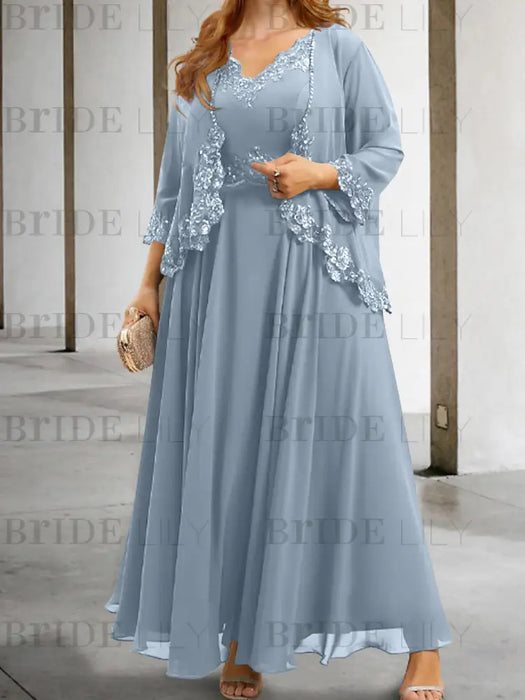 Dusty Blue sequin lace trim mother of the bride chiffon dress with jacket