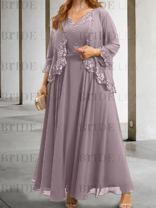 Chiffon A-line dress with a sequin lace trimmed jacket in dusty lilac