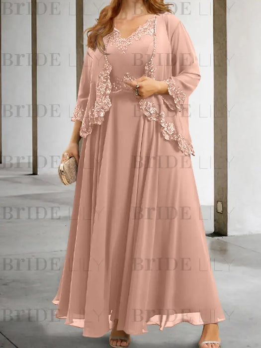 Dusty Rose sequin lace trim mother of the bride chiffon dress with jacket
