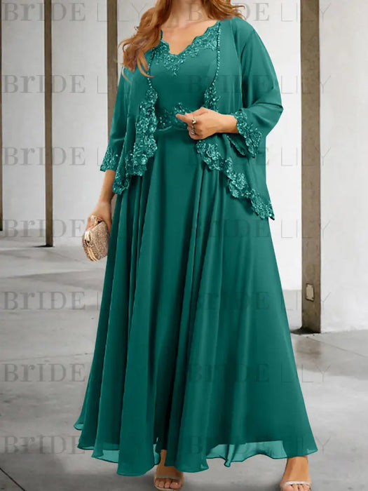 Emerald Green sequin lace trim mother of the bride chiffon dress with jacket
