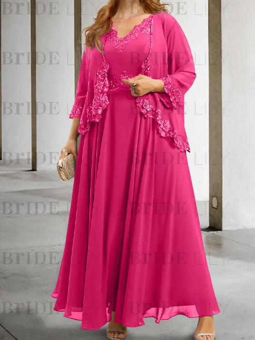 Fuchsia sequin lace trim mother of the bride chiffon dress with jacket