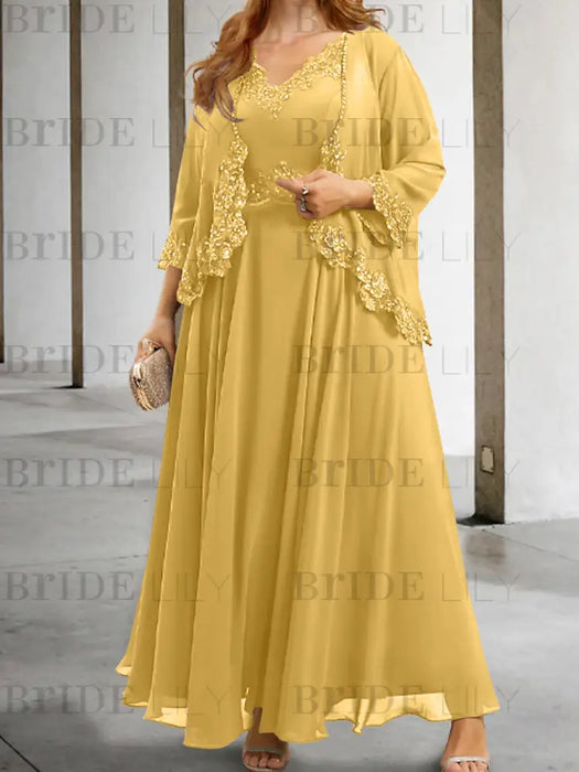 Gold sequin lace trim mother of the bride chiffon dress with jacket