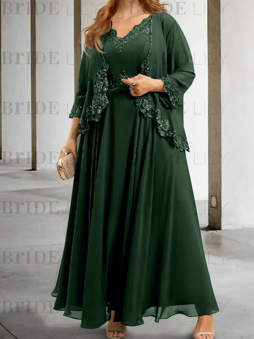 Green Black sequin lace trim mother of the bride chiffon dress with jacket