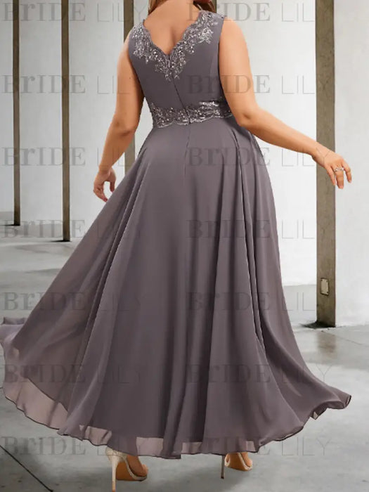 Back view of the grey mauve chiffon dress with the lace waist band