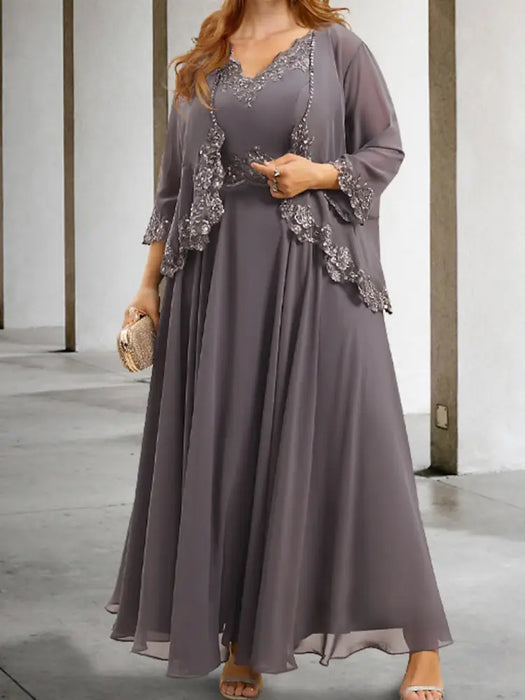 Chiffon A-line dress with a sequin lace trimmed jacket in grey mauve