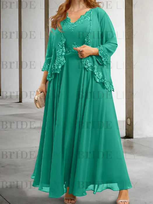 Jade sequin lace trim mother of the bride chiffon dress with jacket