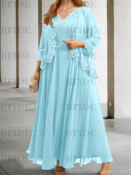 Light Blue sequin lace trim mother of the bride chiffon dress with jacket