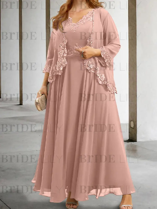 Mauve sequin lace trim mother of the bride chiffon dress with jacket