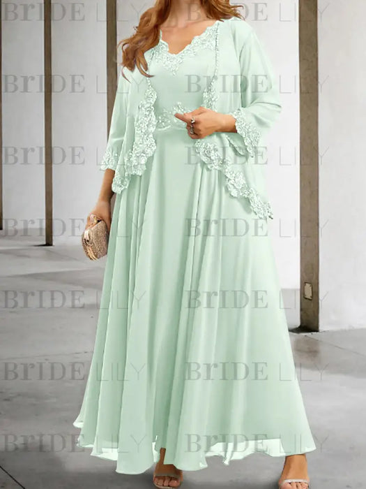 Mist Blue sequin lace trim mother of the bride chiffon dress with jacket