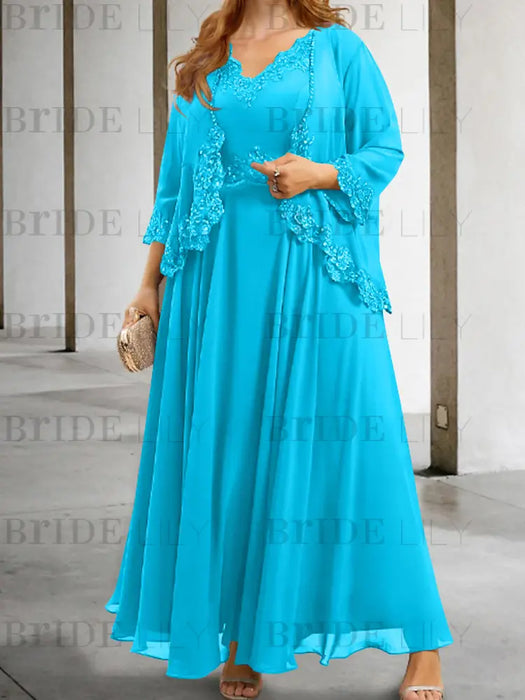 Ocean Blue sequin lace trim mother of the bride chiffon dress with jacket