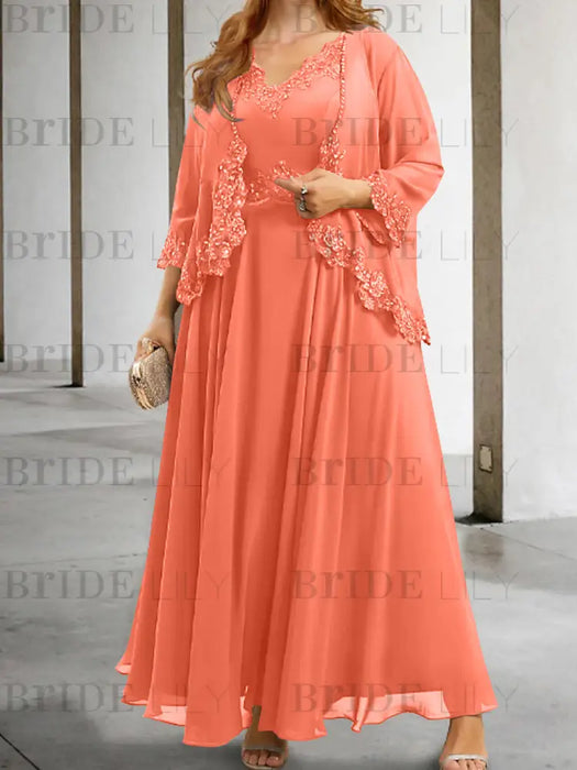 Papaya sequin lace trim mother of the bride chiffon dress with jacket