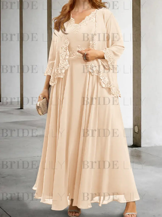 Pearl Pink sequin lace trim mother of the bride chiffon dress with jacket